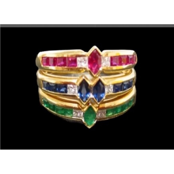 18K GOLD DIAMOND CLUSTER RING EMERALDS, BLUE SAPPHIRES RUBIES MULTI-GEMSTONE - Picture 1 of 10